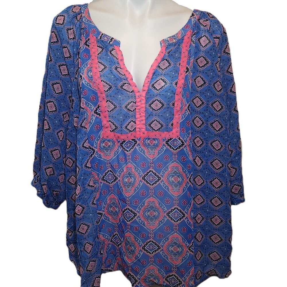 ❤️ 4/$20 Old Navy boho top Women's 1X peasant blouse Blue pink geometric chiffon